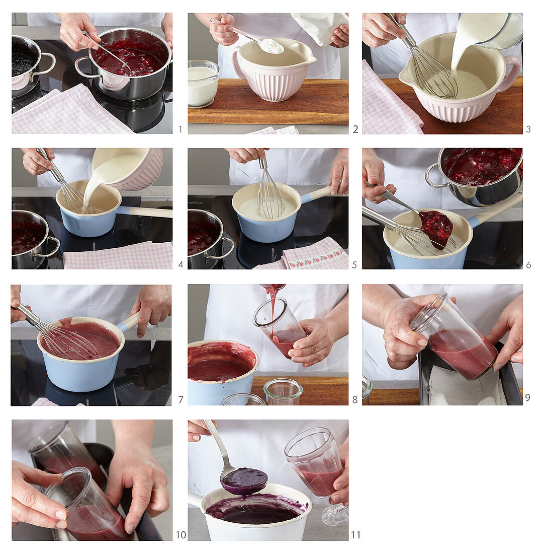 Bi-coloured puddings in glasses being made