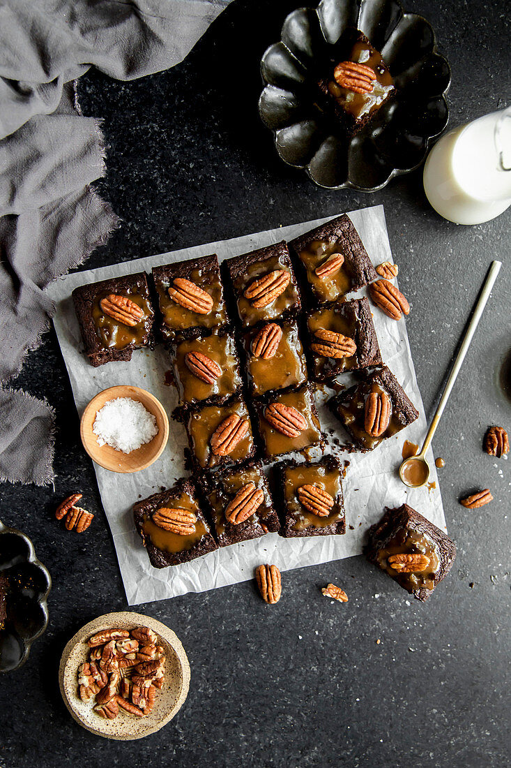 Turtle Brownies with salted caramel and pecan topping
