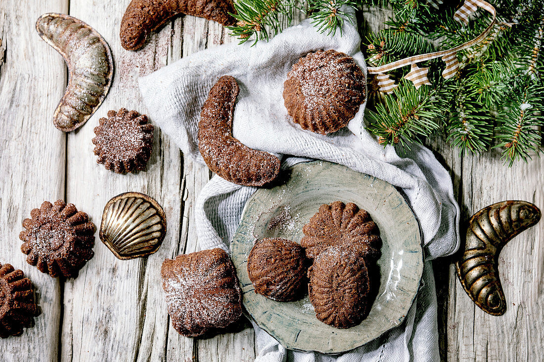 Christmas shortcrust chocolate cookies with cocoa icing sugar