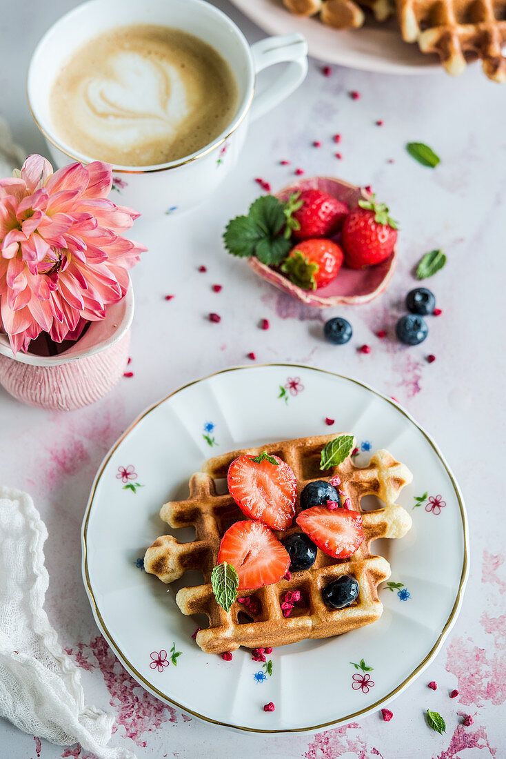 Waffles with strawberries and blueberries