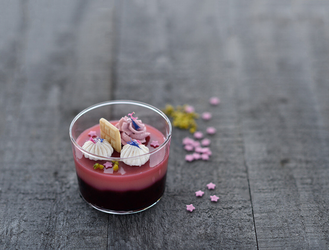 Vegan blueberry and dragon fruit dessert in a glass