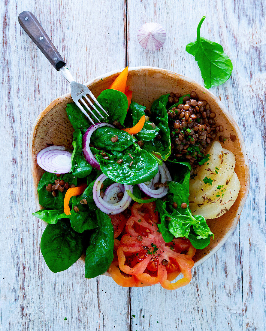 Spinach salad with lentils, vegetables and Harz cheese