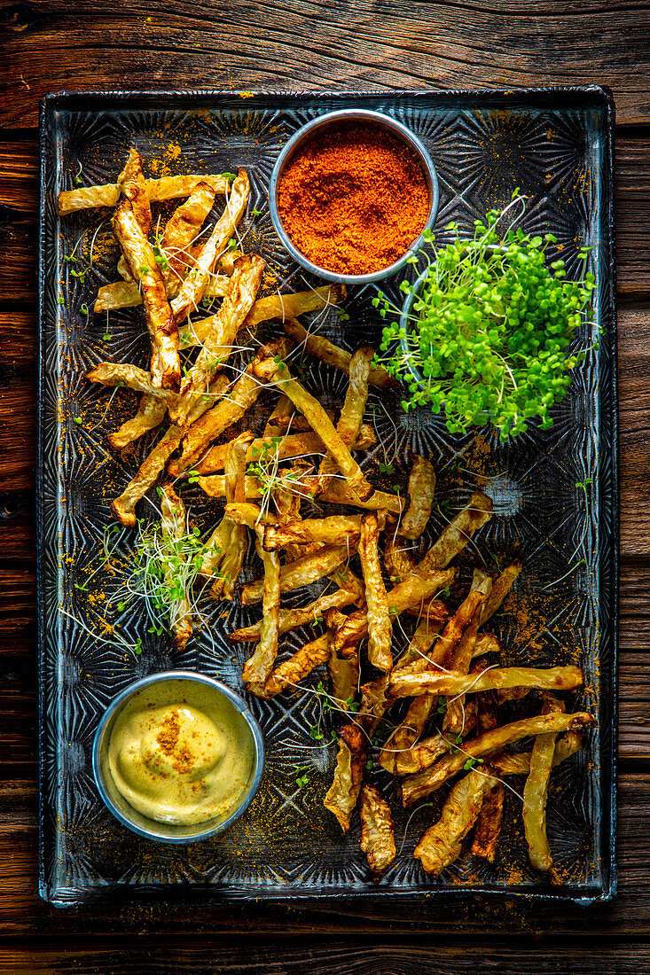 Celery fries with curry sauce and spiced salt