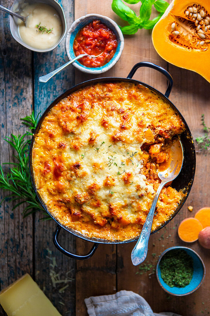 Autumn casserole with sweet potatoes and butternut squash