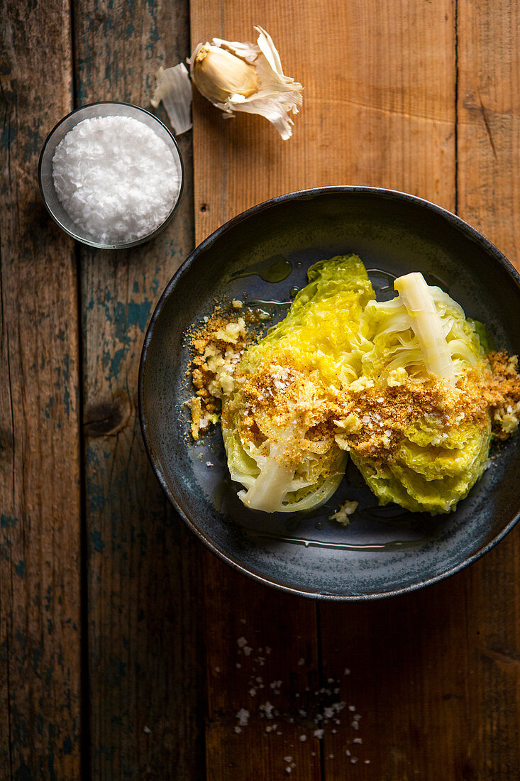 Pointed cabbage wedges with garlic breadcrumbs