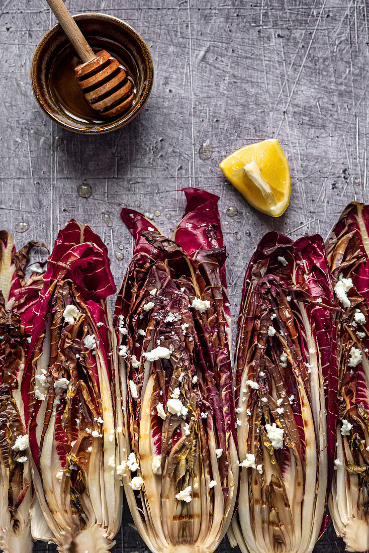 Grilled Red Chicory with Feta Cheese and Honey Lemon dressing