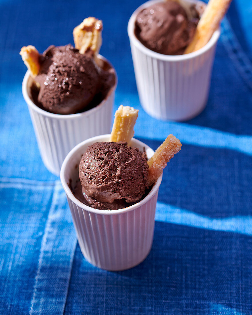 Chocolate ice cream with puff pastry sticks