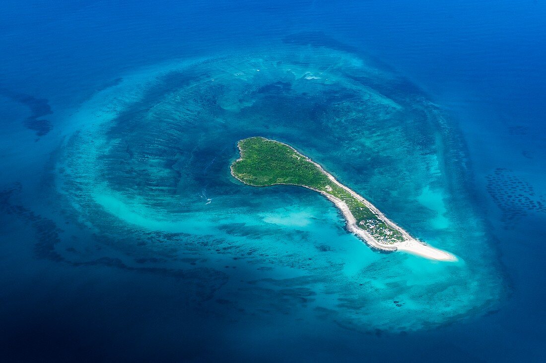 Coral island with surrounding atoll, aerial photograph