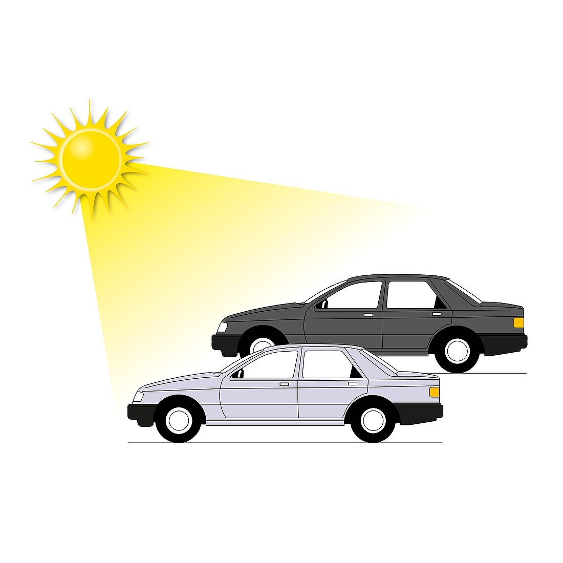 Dark car and light metallic car in the sun, illustration