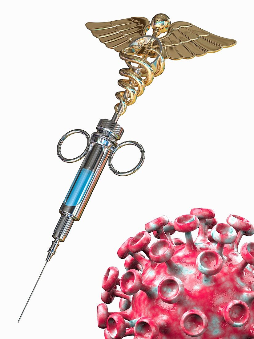 Syringe with medical symbol and virus capsid, illustration