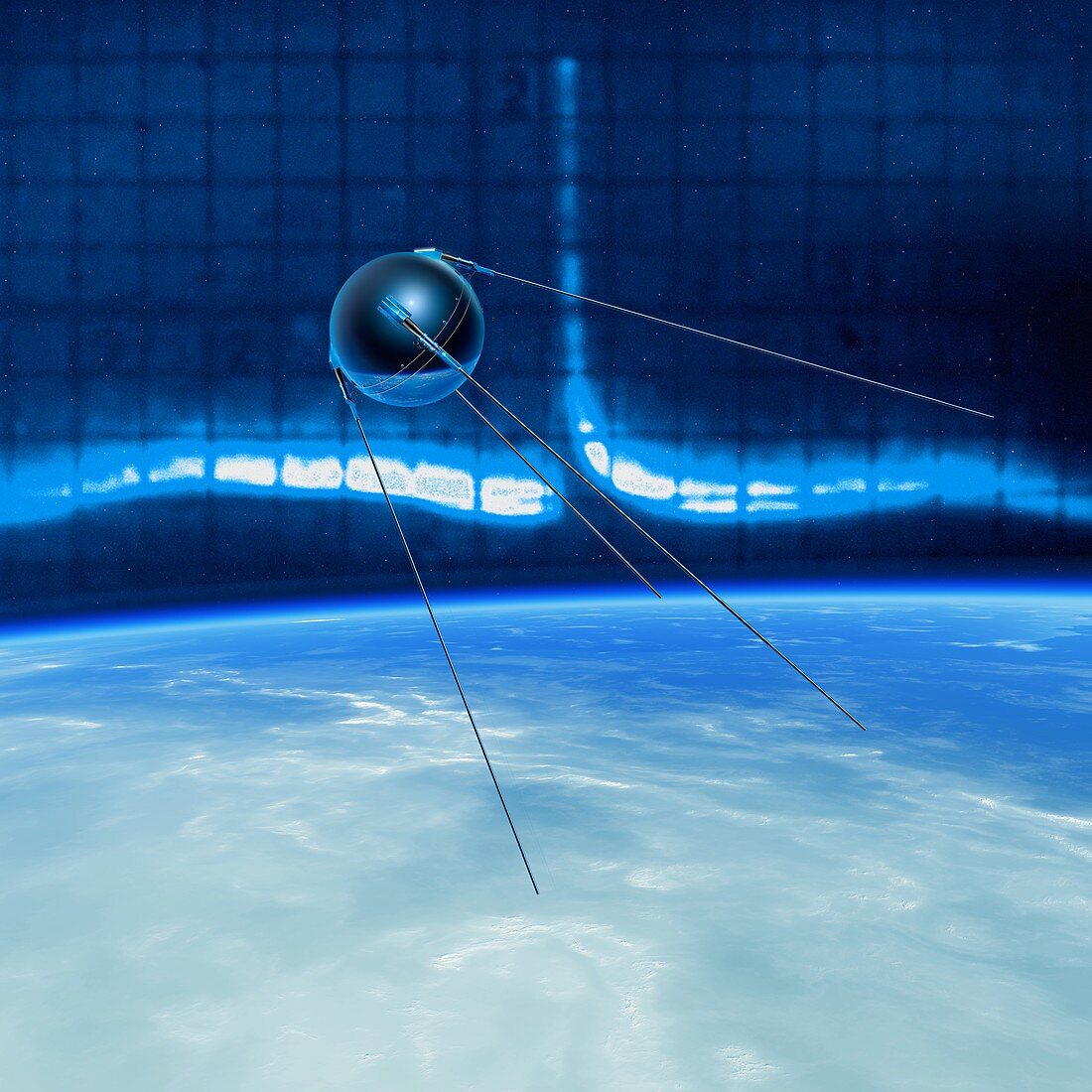 Sputnik 1 transmitting in Earth orbit, illustration