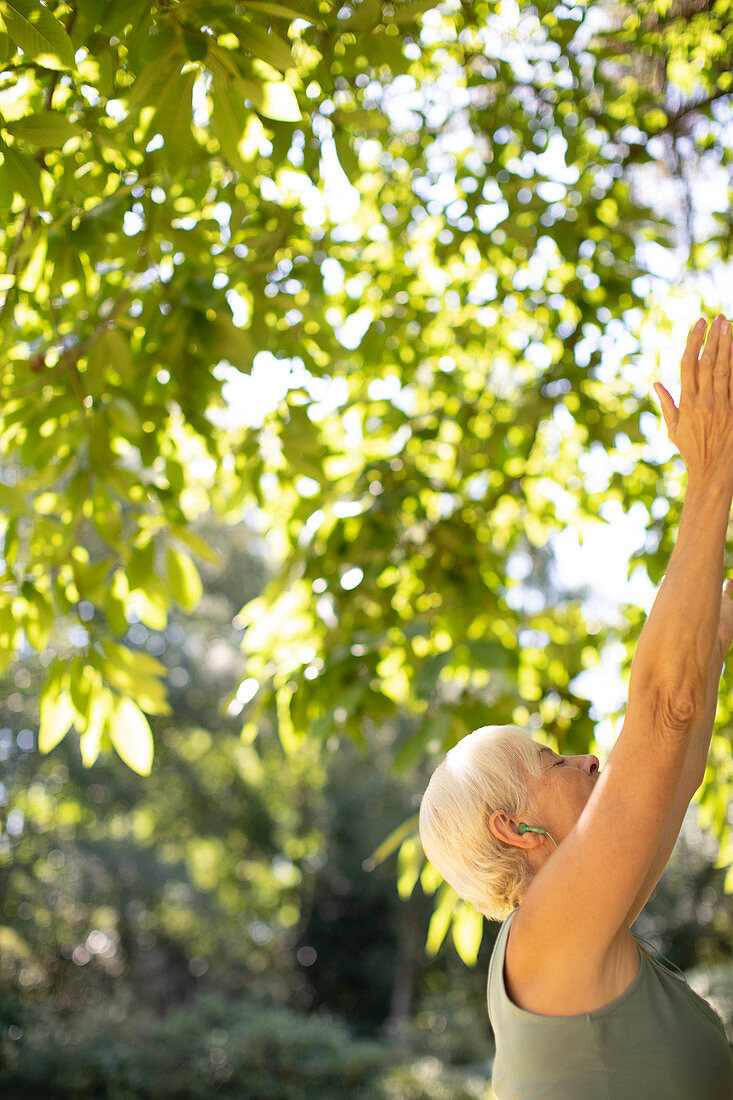 Senior woman with headphones stretching under summer trees