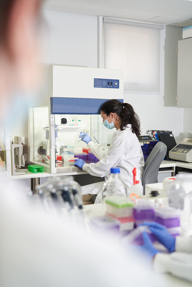 Female scientist in face mask working in laboratory