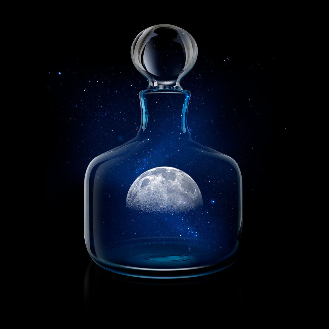 Mysterious moon in glass decanter against night sky