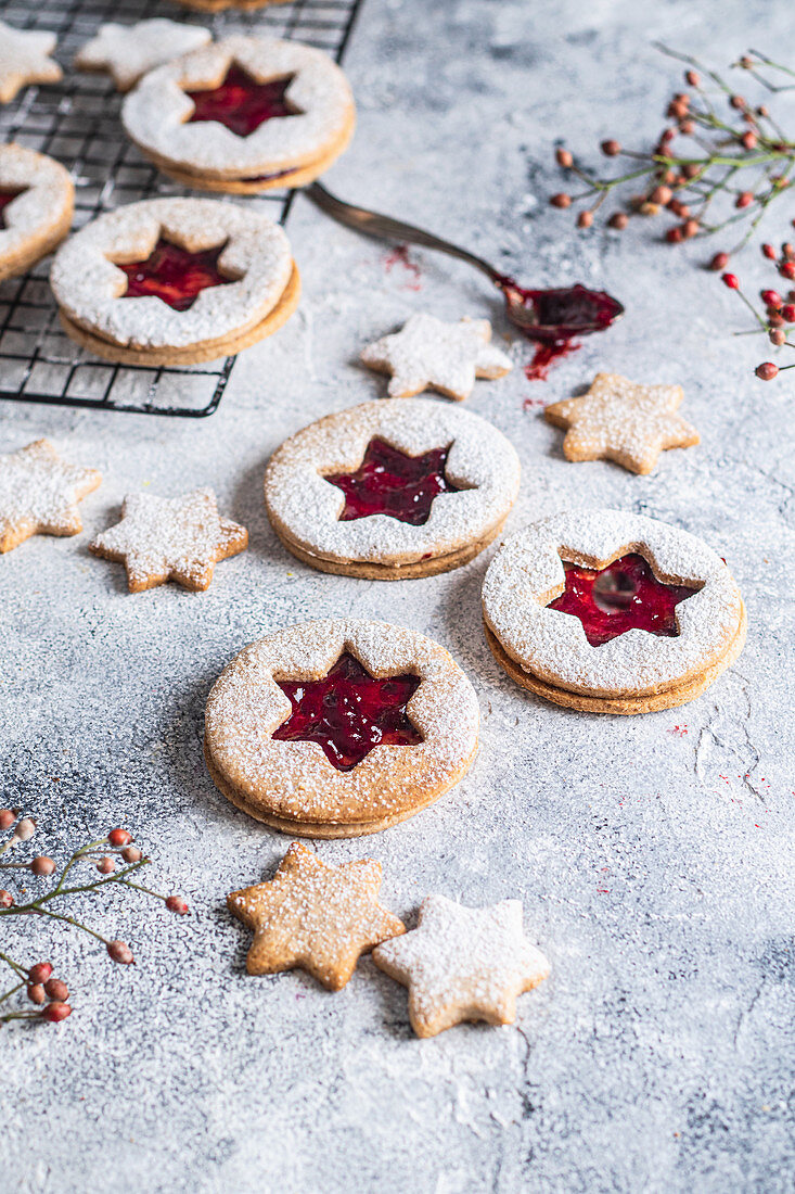 Gluten-free vegan cookies layered with jam