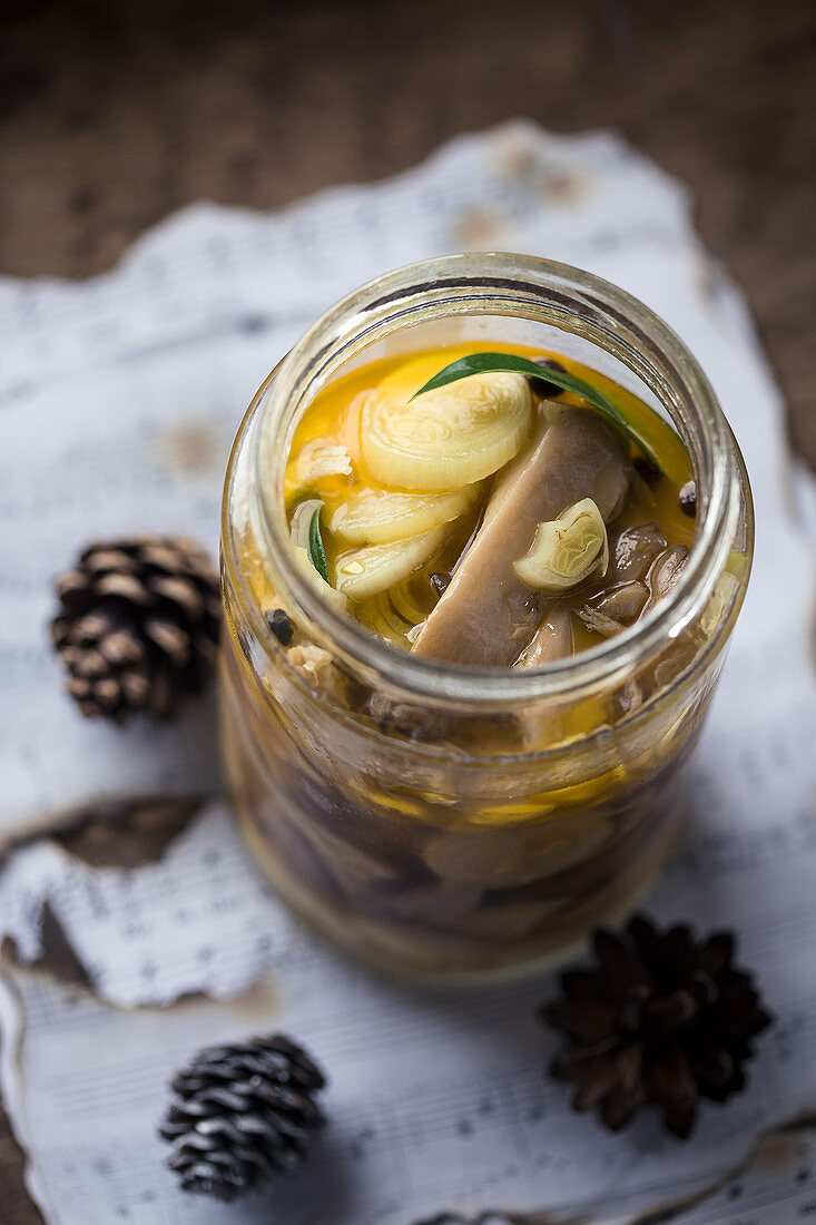 Pickled oyster mushrooms in a jar