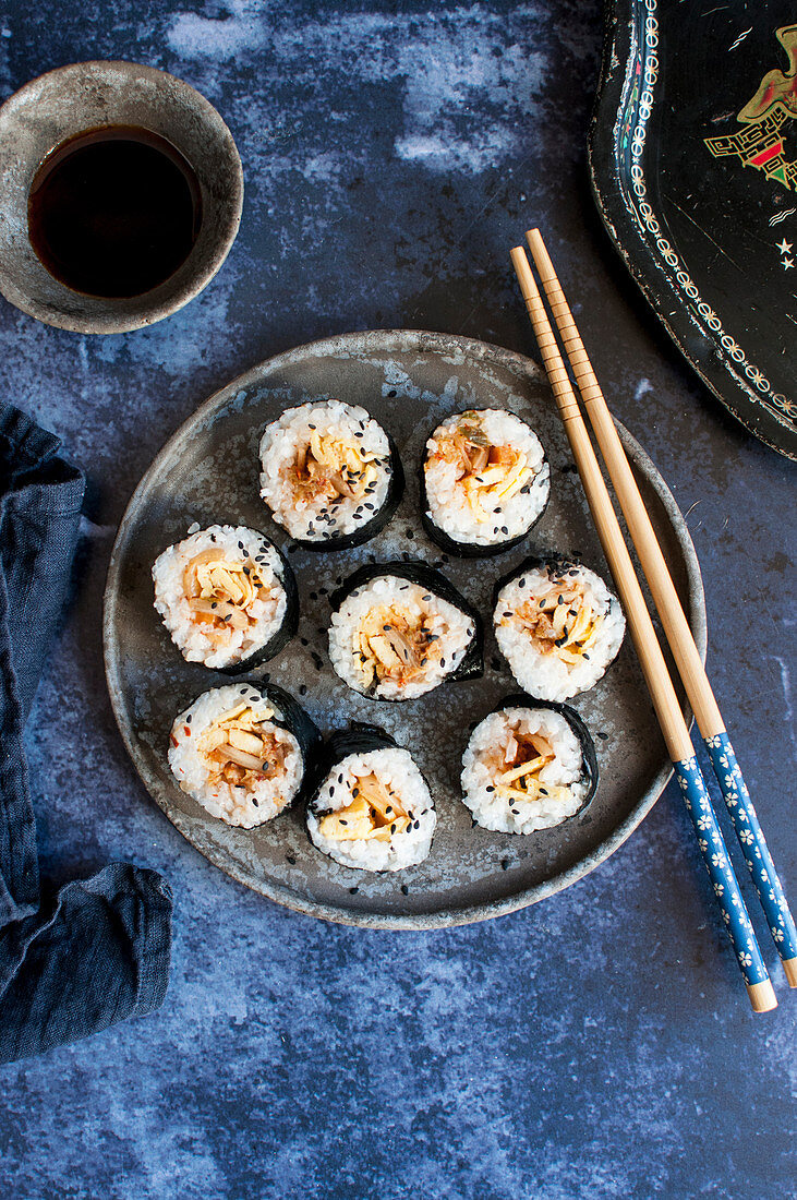 Vegan Kimbap (gimbap) with kimchi. Traditional korean dish.