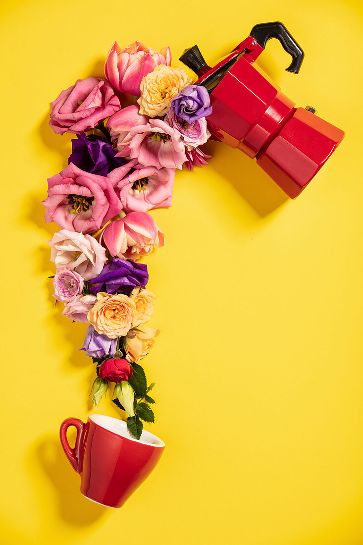 Coffee maker, coffee cup and flowers on yellow background
