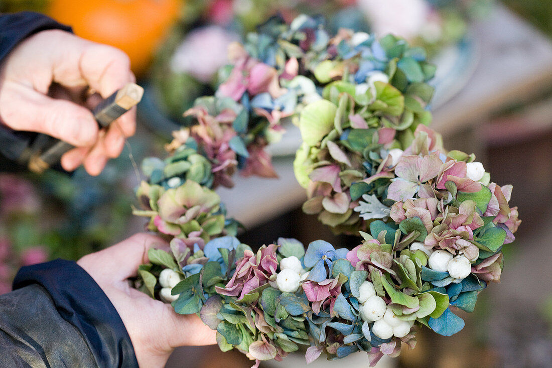 Herz aus Hortensienblüten und Schneebeeren binden