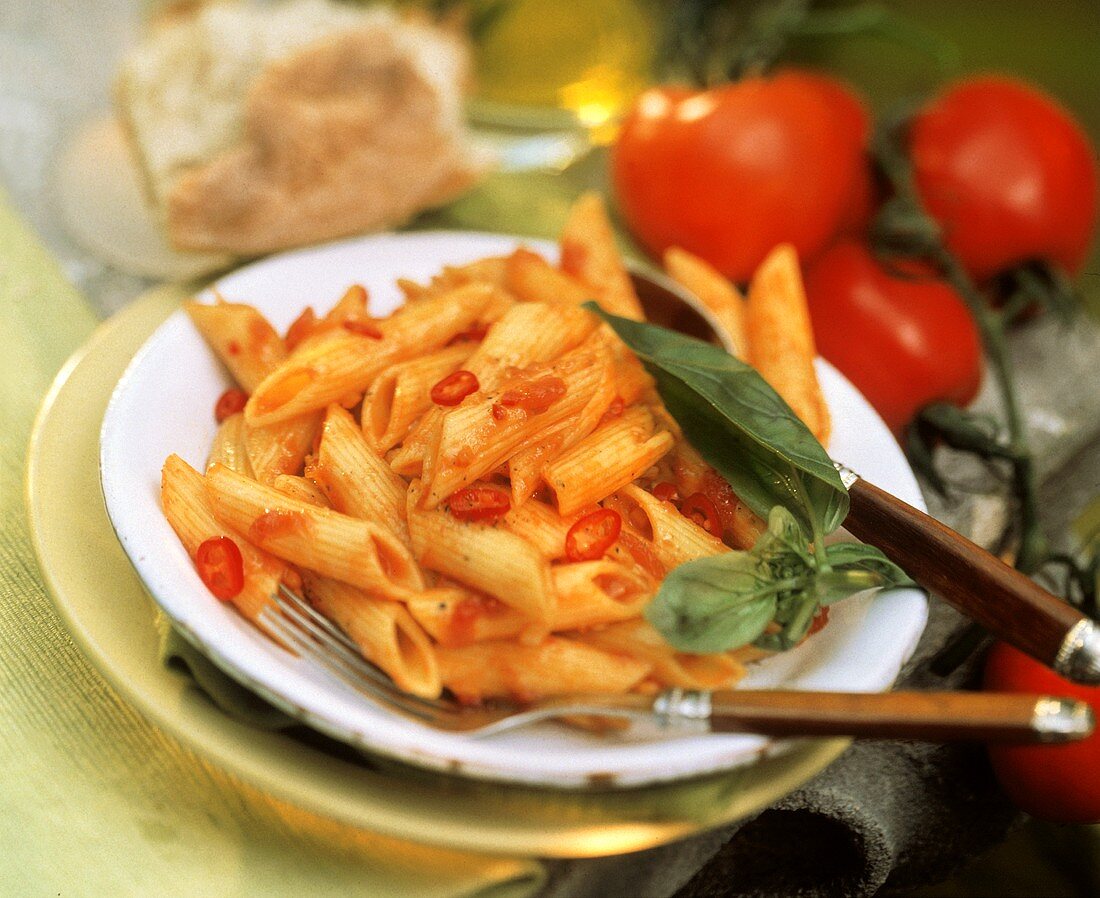 Penne all' arrabbiata (pasta with chili sauce, Italy)