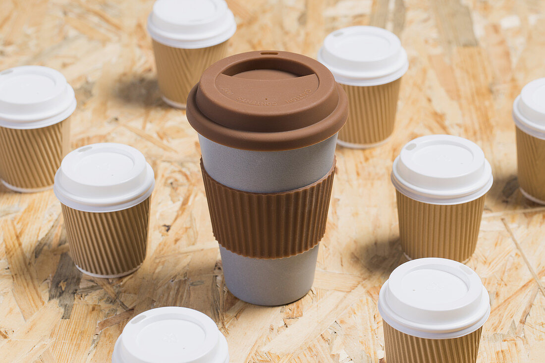 Various disposable cups of hot takeaway drinks