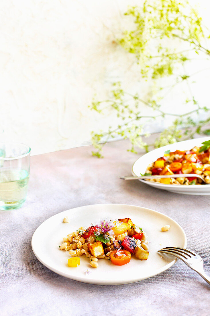 Mediteranean White Beans with Grilled Halloumi, Roasted Eggplant and Roasted Red Peppers