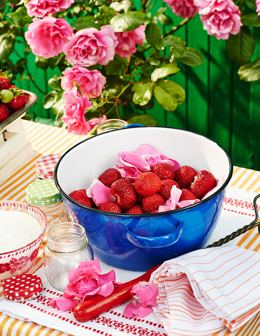 Fresh strawberries with rose petals
