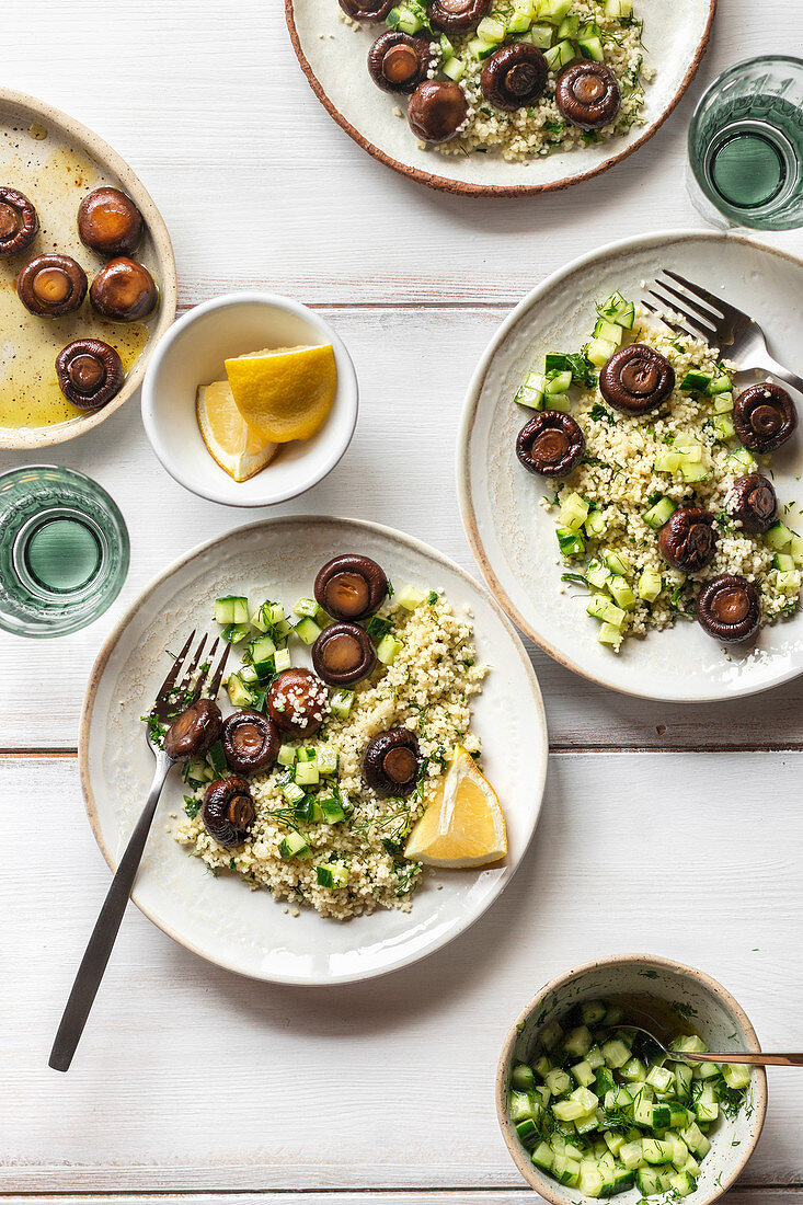 Couscous salad with roasted mushrooms and cucumber