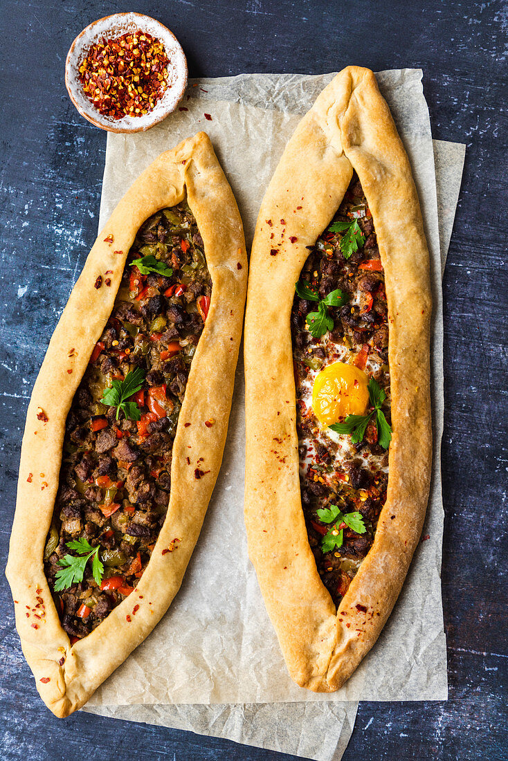Turkish pide stuffed with beef and egg