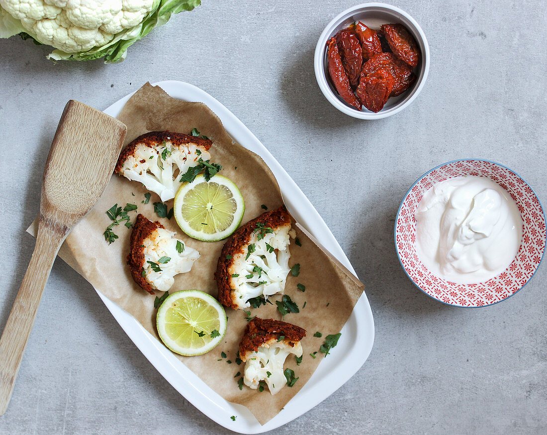 Gebackener Blumenkohl mit Tomatenkruste und Joghurtdip