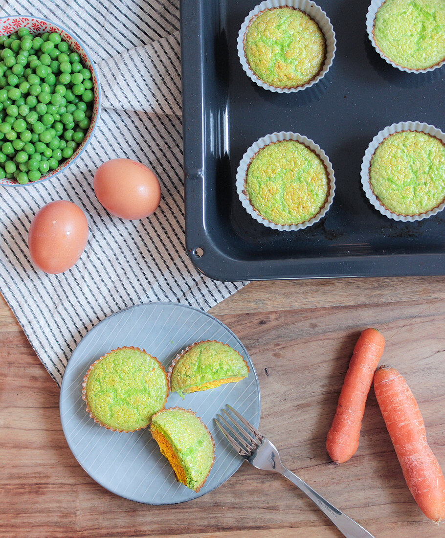 Colourful egg cakes with peas and carrots