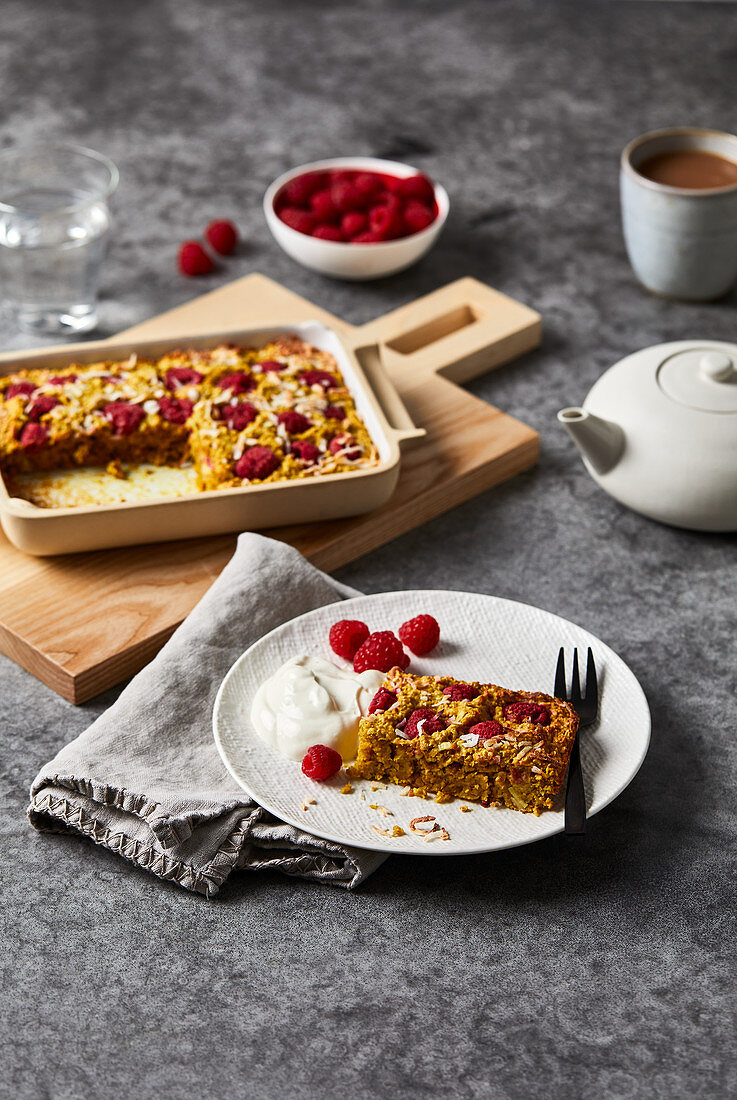 Oat and coconut slice with raspberries