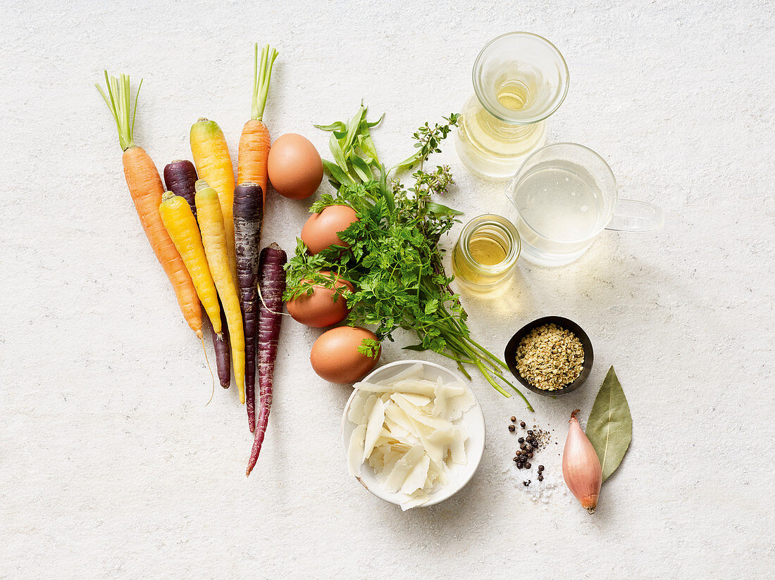 Ingredients for colourful carrots with coconaise and hemp seeds