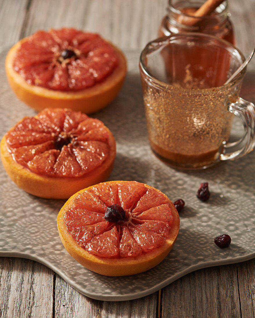 Grapefruit halves with honey and sultanas