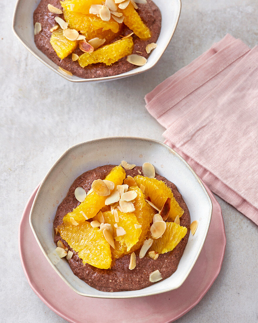 Vegan chocolate chia pudding with oranges and almonds