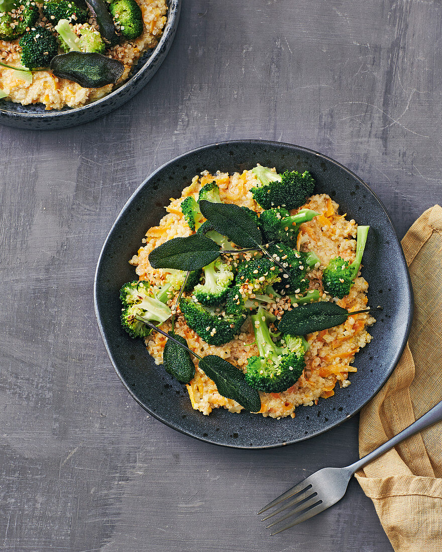 Vegan quinoa risotto with broccoli, hemp seeds and sage