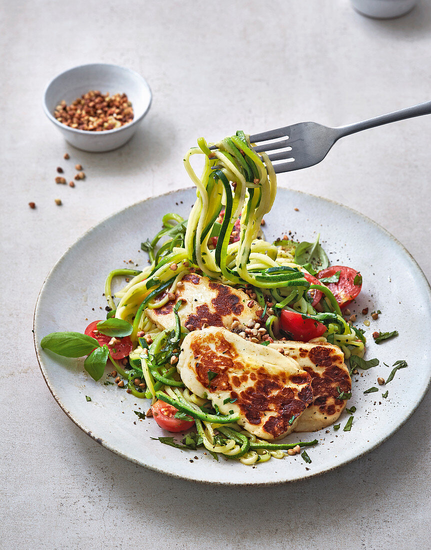 Zoodles with herb oil and halloumi