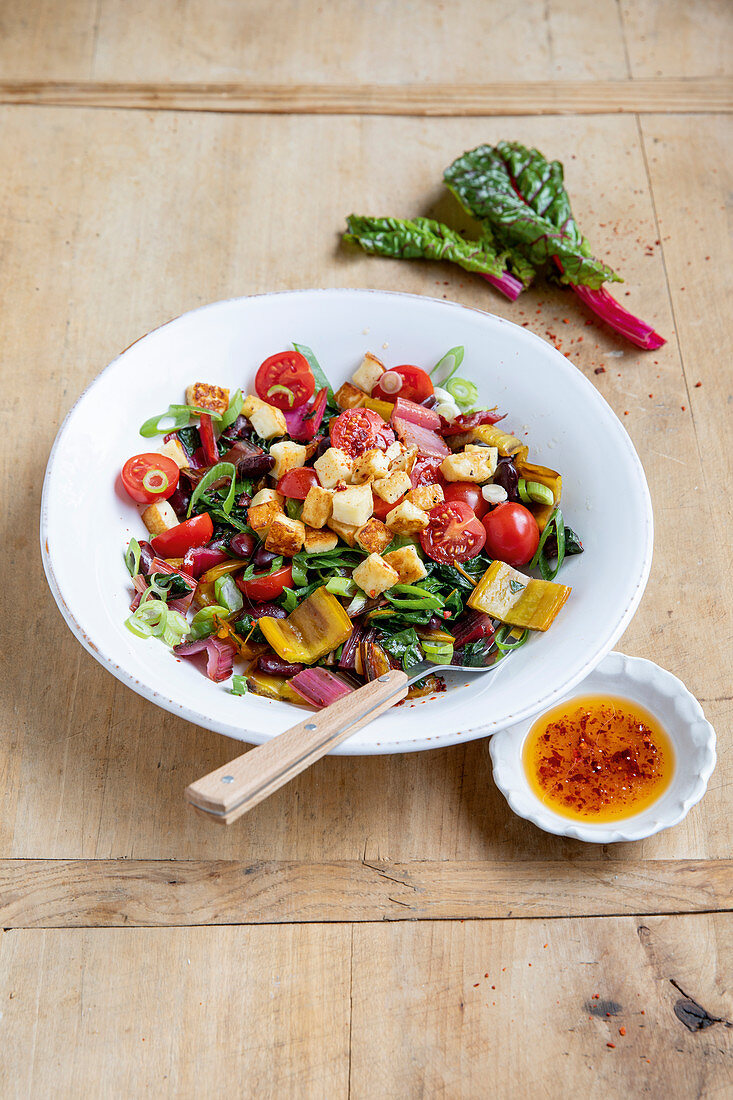 Chard and bean salad with halloumi