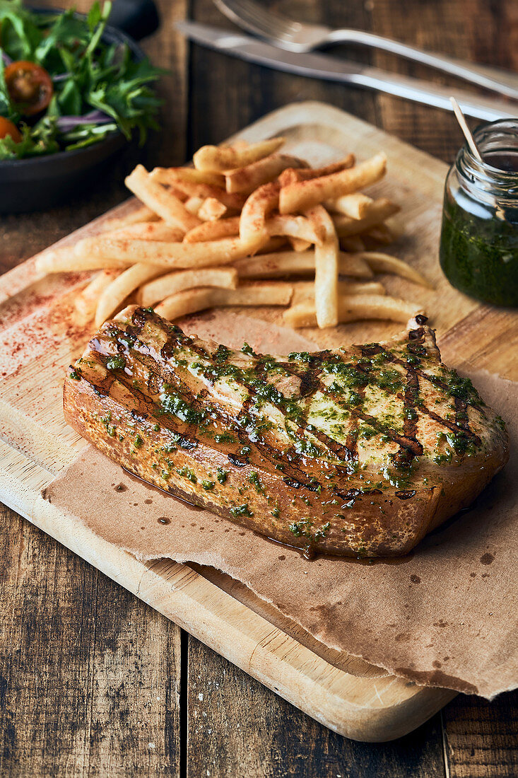 Grilled beef steak with french fries