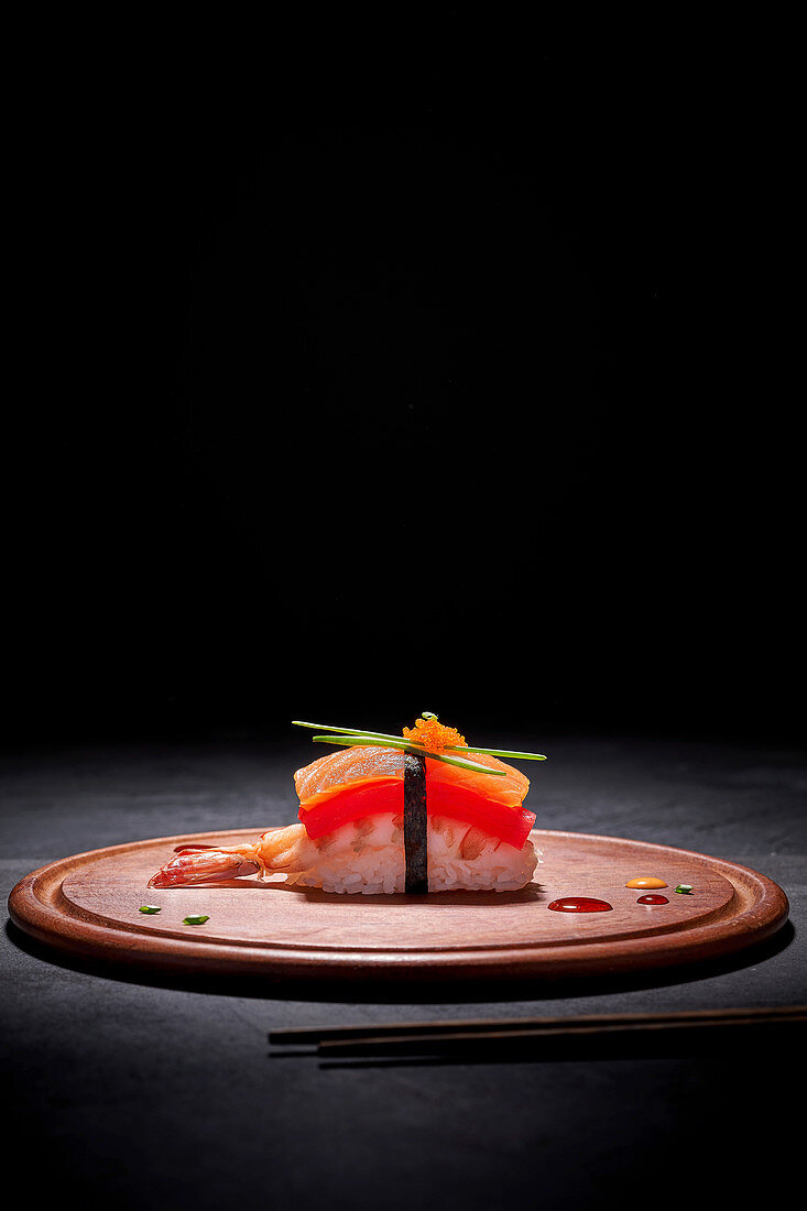 Nigiri sushi with salmon and prawn