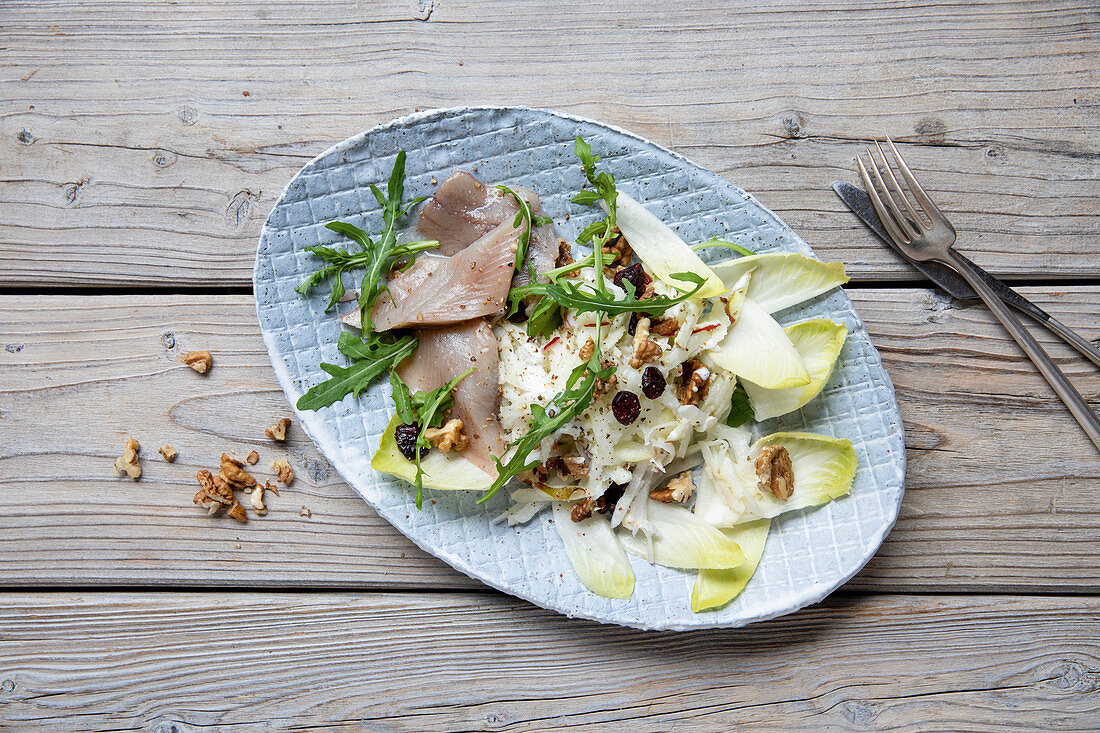 Kohlrabi 'Waldorf' salad with herring and walnuts
