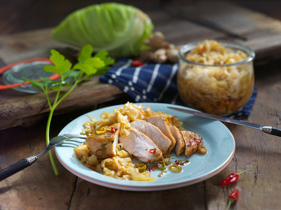 Roasted chicken breast with pickled spicy pointed cabbage