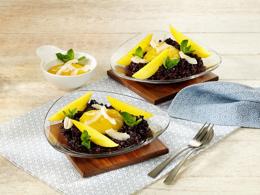 Black coconut milk rice with mango sauce