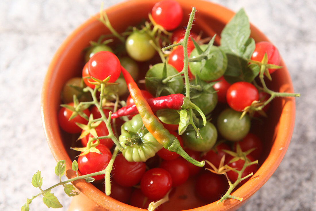 Vine tomatoes and chilli peppers in a small bowl