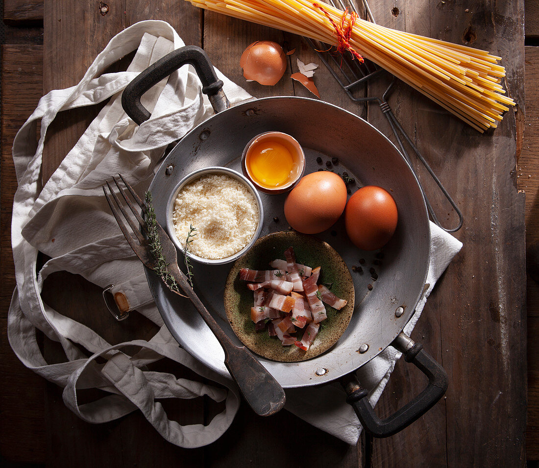Ingredients for Spaghetti Carbonara - Bacon, Egg, Pecorino