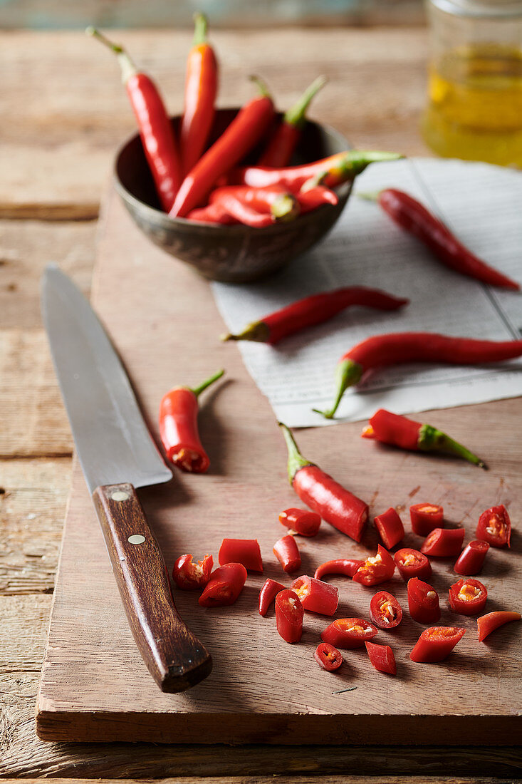 Chopping red chillies