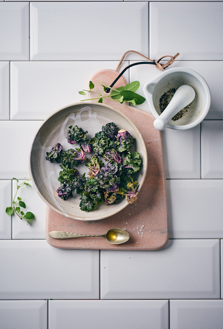 Flower Sprout (cross between Brussels sprouts and kale) on a ceramic plate