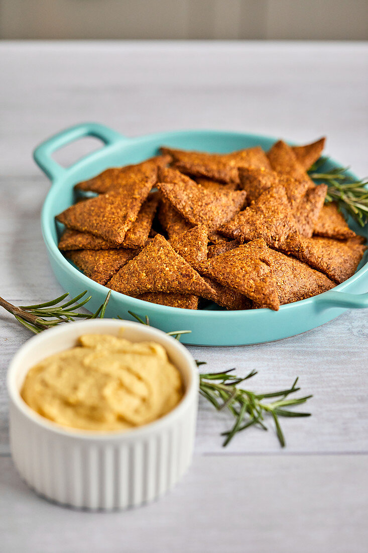 Keto tortilla chips with smoked salmon spread