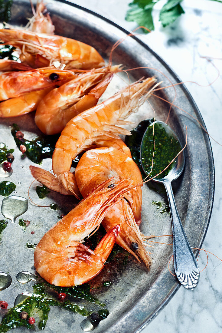 Red prawns with chimichurri