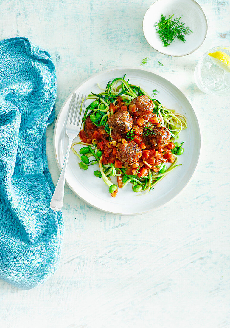 Meatballs with fennel, balsamic beans and courgette noodles